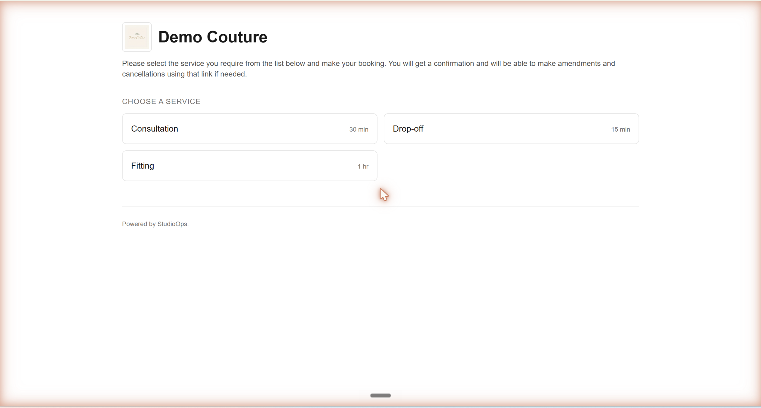 The customer-side booking page showing Consultation, Drop-off and Fitting options with available time slots