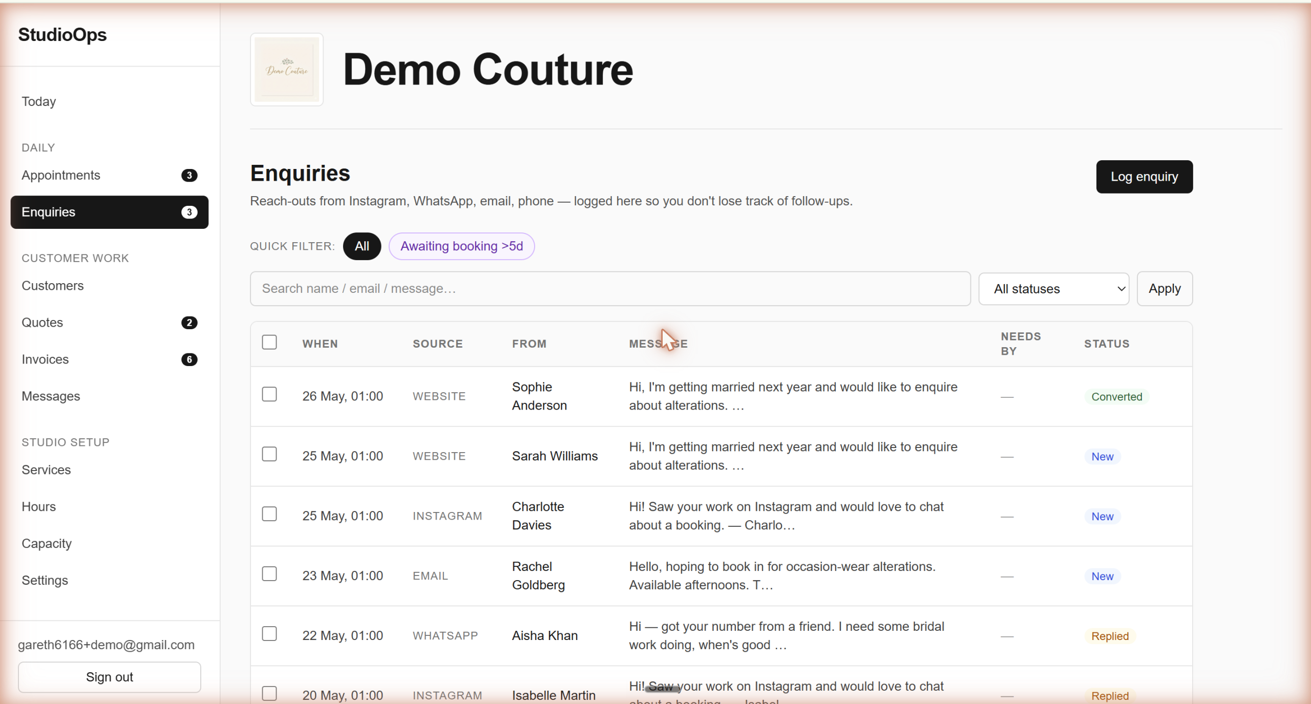 A list of enquiries inside StudioOps showing messages from website, Instagram, email and WhatsApp in a single view