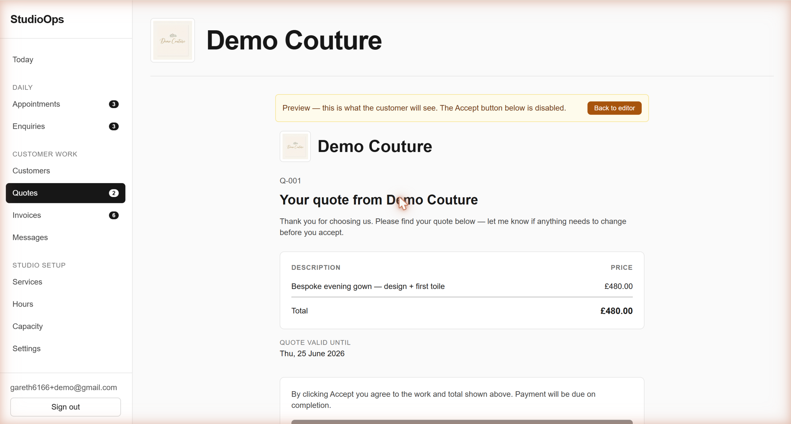 A customer-facing quote preview on a mobile phone showing line items, total and an Accept this quote button
