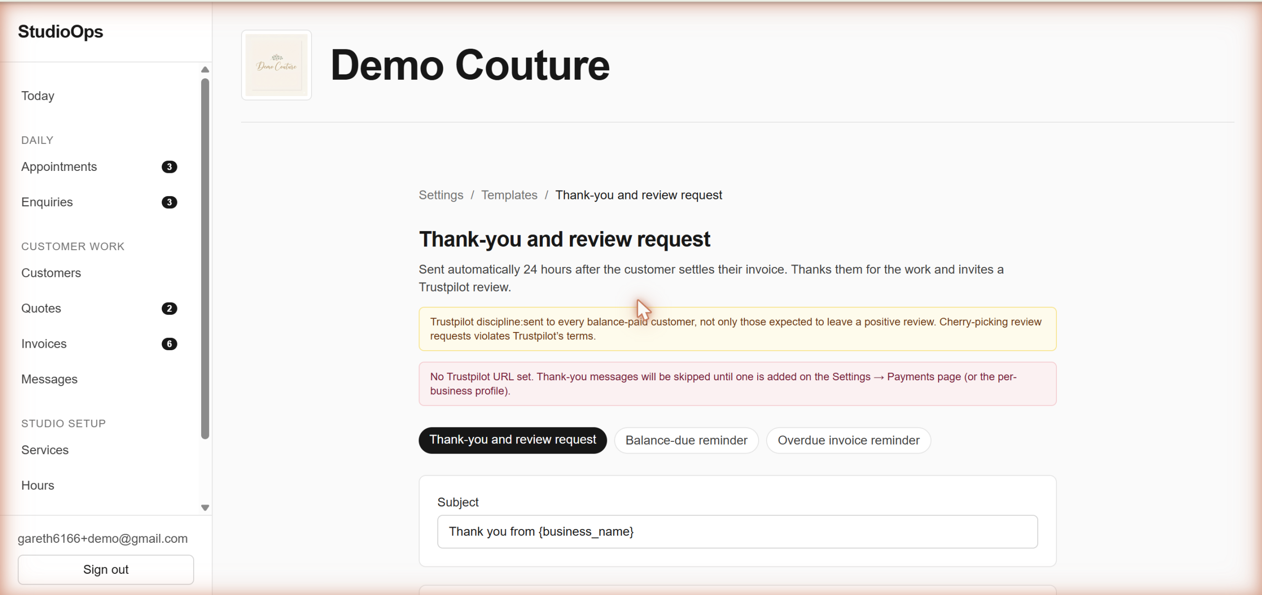 A thank-you template in StudioOps showing the message and Trustpilot review link sent automatically after final payment