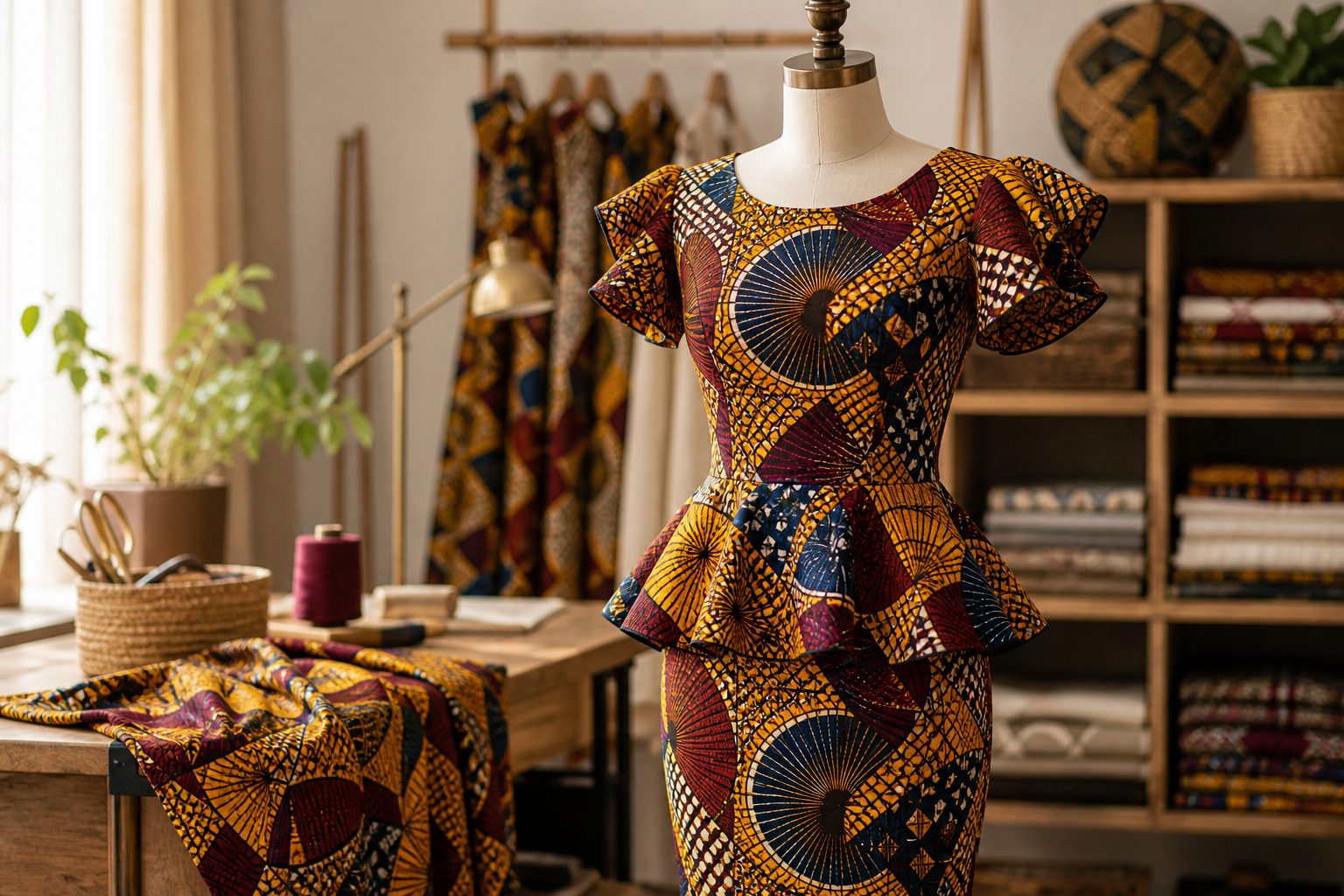 Made-to-measure West African wax-print outfit at Chayil Couture, Swindon
