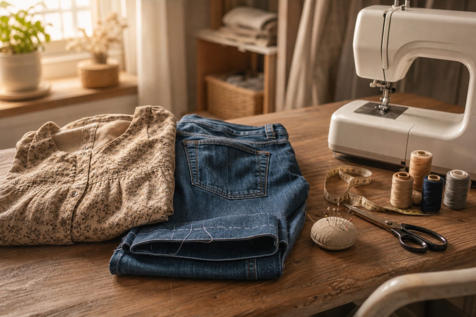 Alterations and repairs workspace — folded jeans, sewing machine and tape measure at Chayil Couture, Swindon