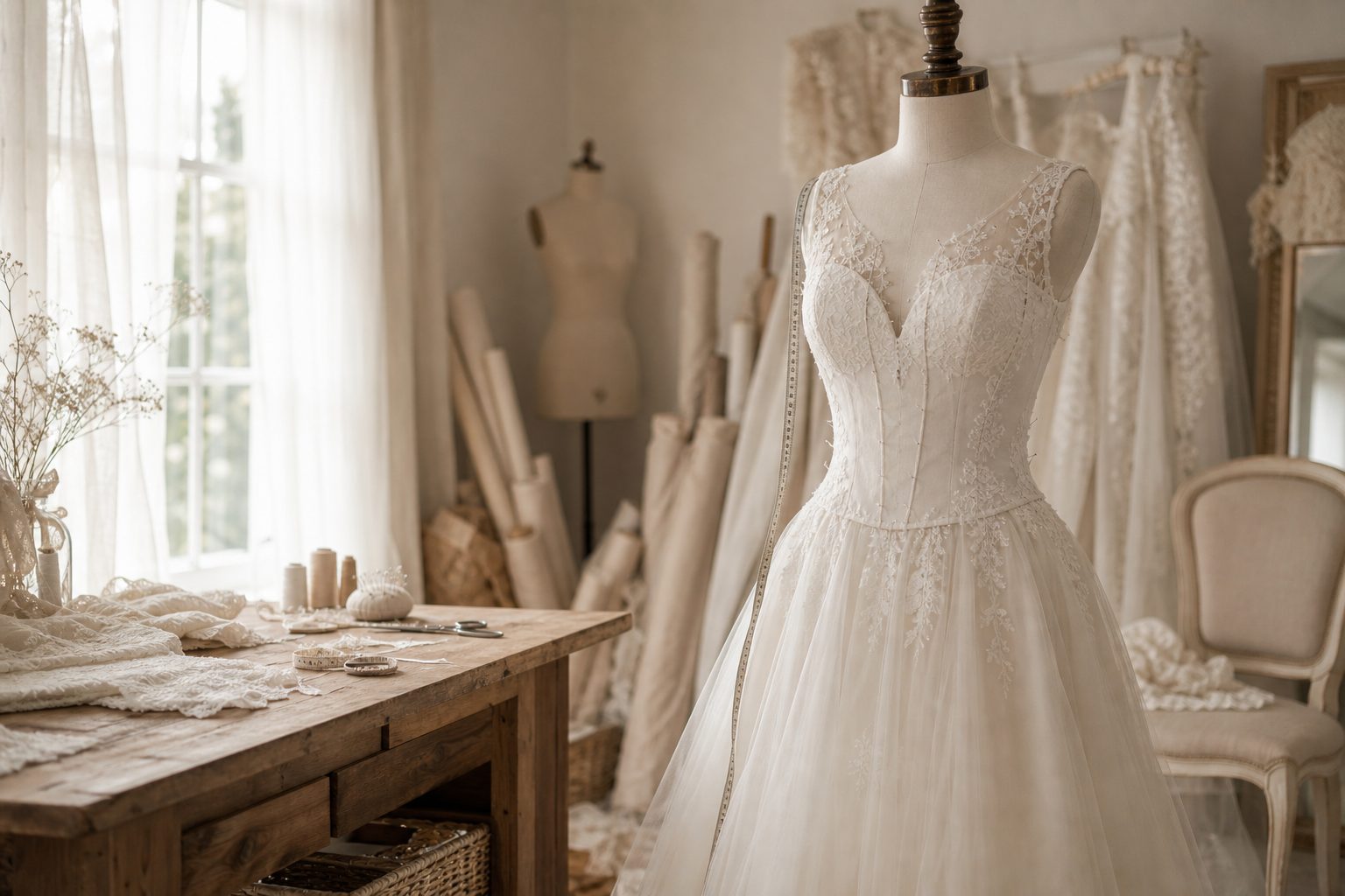Wedding gown being altered on a tailor’s mannequin — bridal alterations at Chayil Couture, Swindon