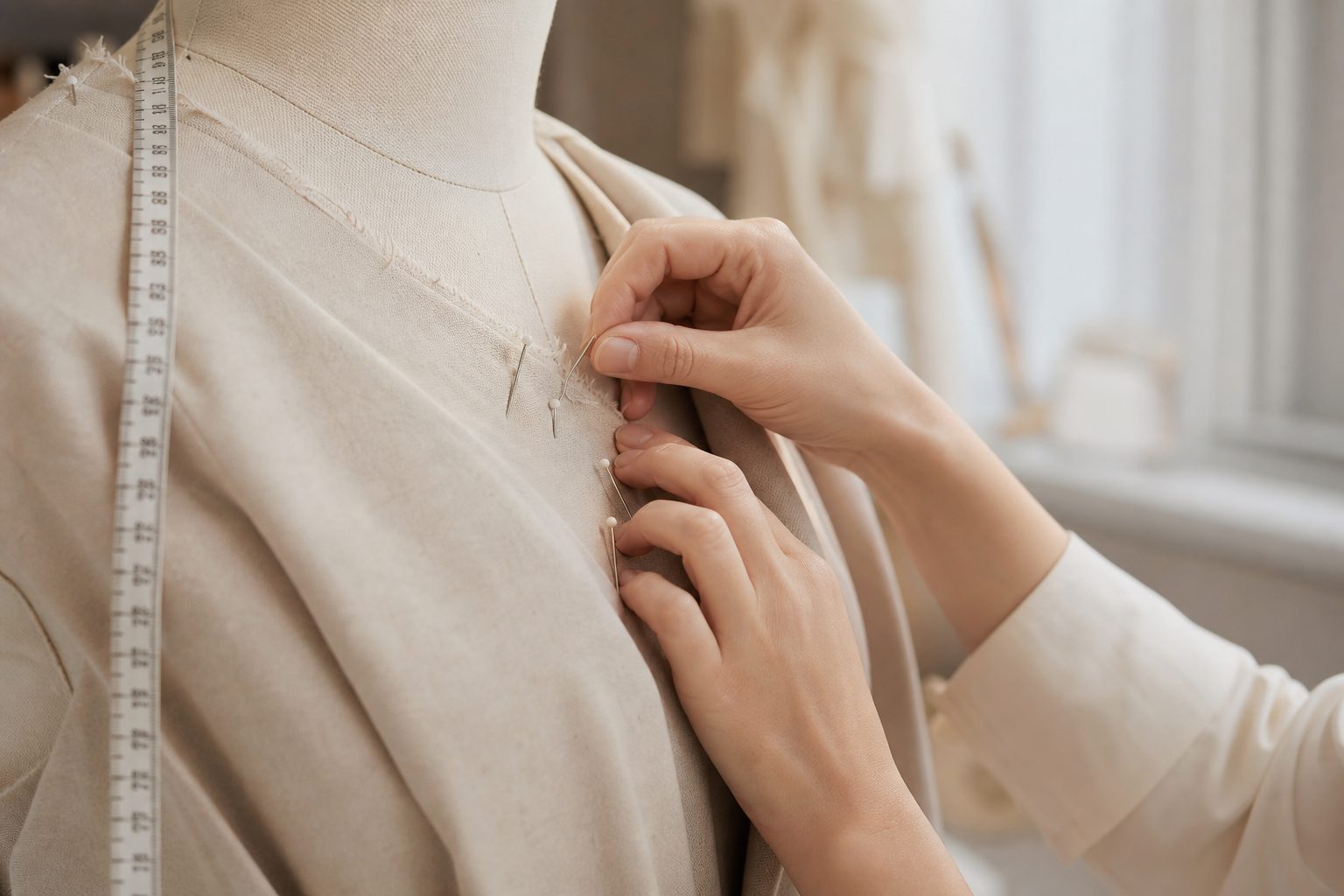 Pinning fabric on a tailor’s mannequin — bespoke dressmaking at Chayil Couture, Swindon