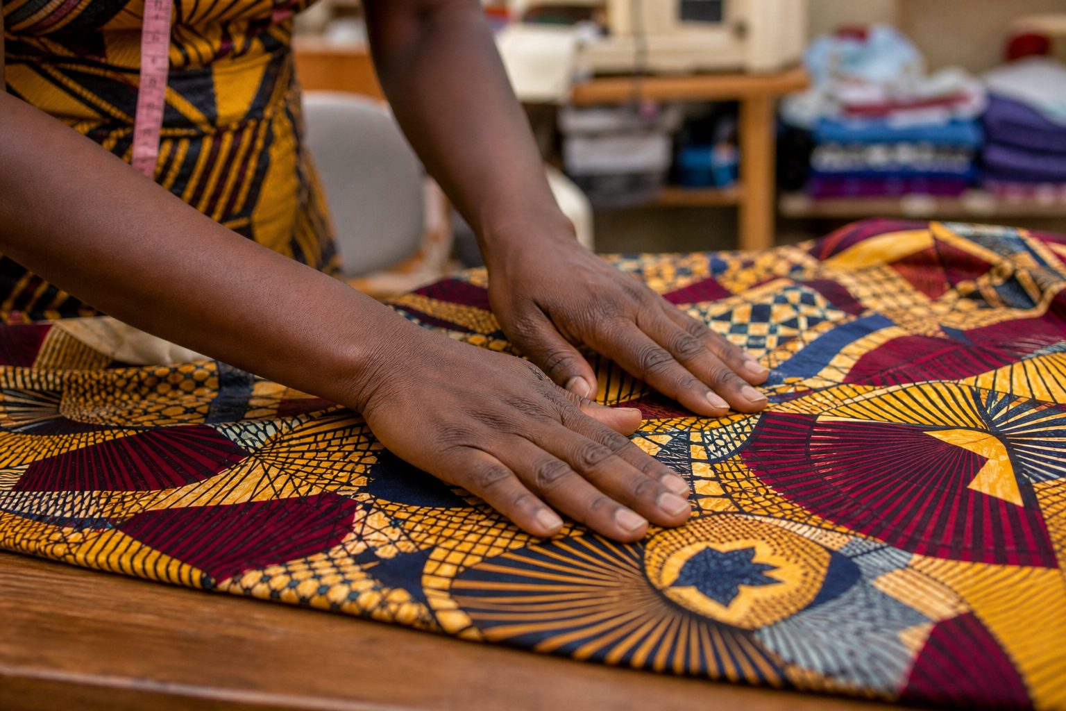 Hands smoothing authentic West African wax-print fabric — Chayil Couture, Swindon